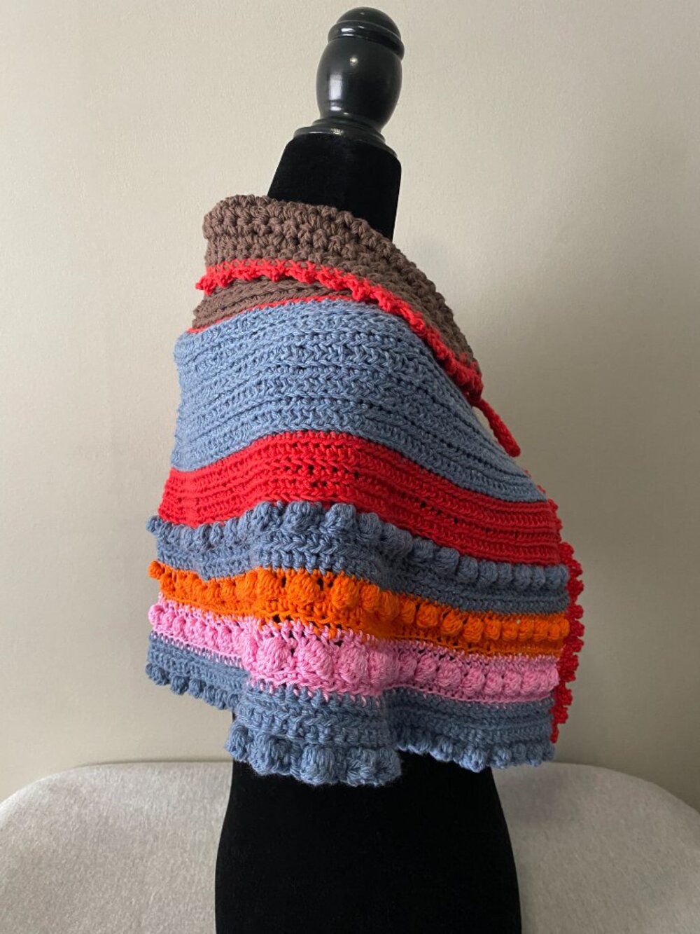 Handmade Crochet Brown Blue Orange Red Pink Cotton Shawl Capelet - Picture 2 of 6